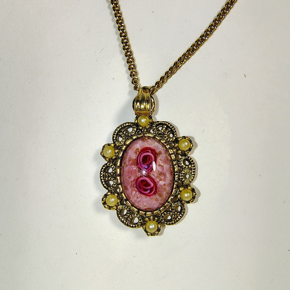 Sarah Coventry Gold Necklace with Pink Floral Pendant